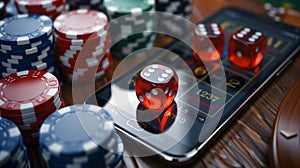Online casino. A smartphone with playing cards, roulette, and chips, dice.