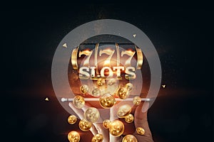 Online casino, smartphone with slot machine with jackpot and gold coins. Online Slots, Lucky Seven 777, Dark Gold Style. Luck