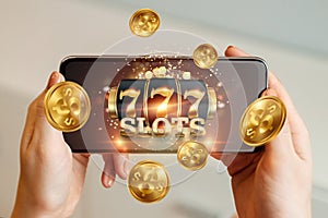 Online casino, smartphone with slot machine with jackpot and gold coins. Online Slots, Lucky Seven 777, Dark Gold Style. Luck