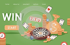 Online casino vector flat banner template. Golden coins, playing cards, slot machines, poker chips, roulette.