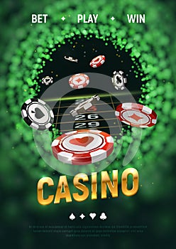 Online casino vector illustration. Black and red chips flying on blurred background