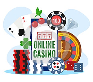 Online casino, vector illustration. Huge smartphone with luck game concept, internet gambling with slot, poker chips and