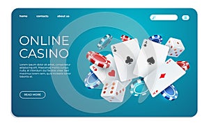 Online casino. Web landing page template for internet poker game. Vector illustration flying poker cards, chips game