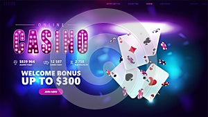 Online casino, welcome bonus, banner for website with button playing cards with poker chips flying out of the portal