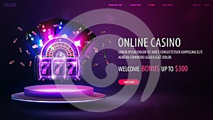 Online casino, welcome bonus, banner for website with button, purple neon casino roulette, neon slot machine, neon playing cards