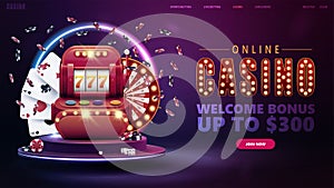 Online casino, welcome bonus, banner for website with button, slot machine, Casino Wheel Fortune, poker chips and playing cards.