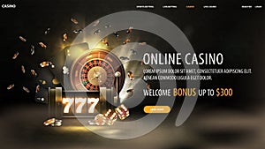 Online casino, welcome bonus, black banner with offer, neon slot machine, black playing cards, Roulette, dice and poker chips.