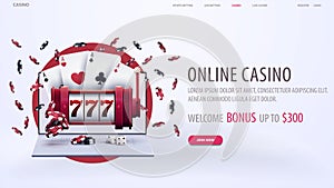 Online casino, white web banner with offer, laptop, slot machine, playing cards, dice and poker chips on background with red