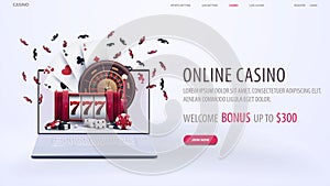 Online casino, white web banner with offer, laptop, slot machine, playing cards, roulette, dice and poker chips on white