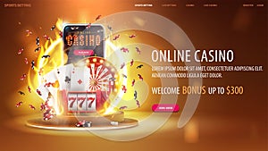 Online casino, yellow banner with smartphone, casino slot machine, Casino Roulette, playing cards, poker chips on gold podium.