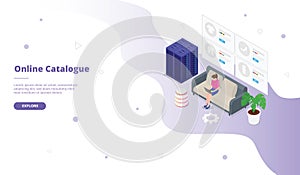 Online catalogue or catalog campaign for web website template page landing home homepage with isometric isometry 3d flat style