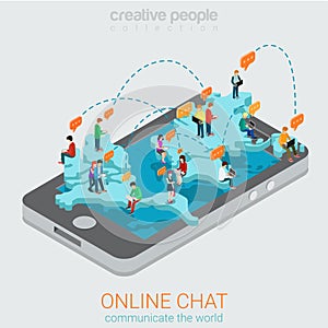 Online chat flat isometric: smartphone world map networks