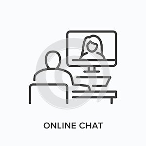 Online chat flat line icon. Vector outline illustration of man and woman using computer for videoconference. Remote