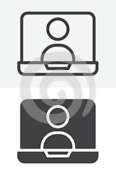 Online chat laptop line and solid vector icon set