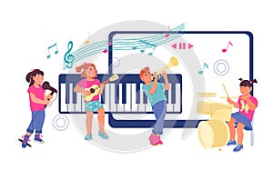 Online children music lessons concept with kids playing musical instruments, flat vector isolated