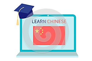 Online Chinese Learning, distance education concept. Language training and courses. Studying foreign languages on a website in a