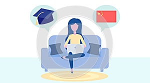 Online Chinese Learning, distance education concept. Language training and courses. Woman student studies foreign languages on a