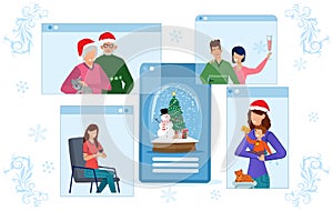 Online Christmas celebration people phone screen. Vector illustration of computer and smartphone screens with people.