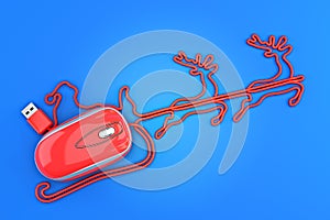 Online Christmas shopping concept. Santa , sled and reindeer in the shape of a computer mouse.