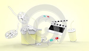 Online cinema art movie theater watching drawing with popcorn , 3d glasses and film industry on Pastel Yellow color Background