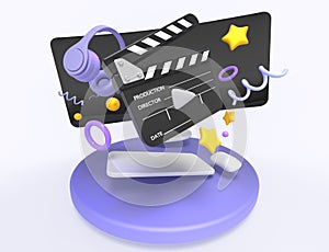 Online cinema banner. Cartoon video streaming service concept for watching movies with computer, clapperboard