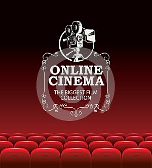 Online cinema banner with empty movie theater