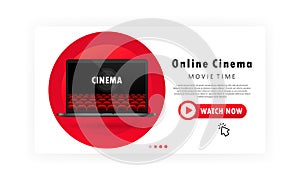 Online cinema banner. Movie time. Video and film streaming with device at home concept. On the laptop screen. Vector on isolated
