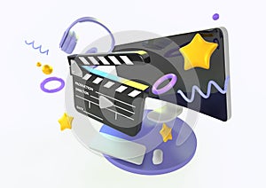 Online cinema cartoon banner. Streaming video service for watching movies with computer, clapperboard, earphones