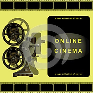 Online cinema, film projector, film, movie library. Page design for sites, online movies.