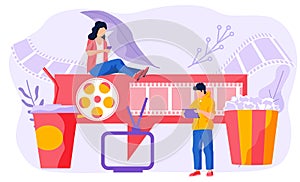 Online cinema, internet streaming illustration. People near vintage film strip with food and drinks