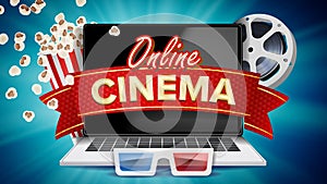 Online Cinema Poster Vector. Modern Laptop Concept. Home Online Cinema.