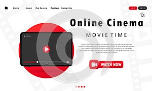 Online cinema on tablet banner. Movie theater for one viewer at home. Movie time. Vector on isolated white background. EPS 10