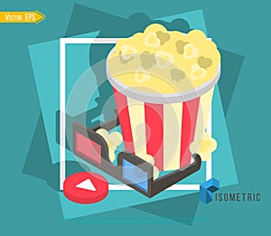 Online cinema tickets ordering, food. Delivery online service, Flat 3d isometric illustration.