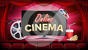 Online cinema vector. Banner with computer monitor. Red curtain. Theater, 3D glasses, film-strip cinematography. Online