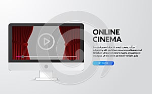 Online cinema, video and film streaming with device at home concept. computer desktop screen with red curtain stage and play icon