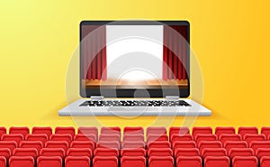 Online cinema, video and film streaming with device at home concept. red curtain stage show on the laptop screen with empty red