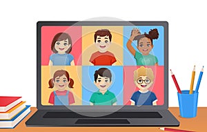 Online class on computer screen with kids