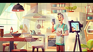 An online class for cooking food and blogging. Cartoon modern illustration of a man preparing delicious meals and