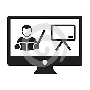 Online class icon vector teacher symbol with computer monitor and whiteboard for online education course in a glyph pictogram