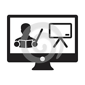 Online class icon vector teacher symbol with computer monitor and whiteboard for online education course in a glyph pictogram