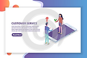 Online Client, Customer service isometric concept.  Hotline operator. Support 24/7.