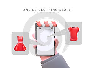 Online clothing store phone application. Realistic hand holds smartphone, buyer chooses clothes