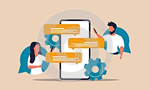 Online comment on phone with man and woman. User talk and message network on chat vector illustration concept. Feedback and