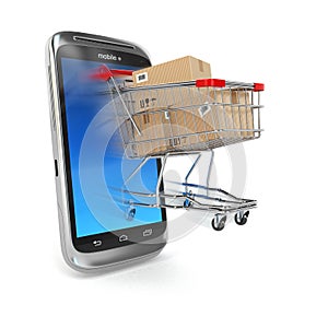 Online commerce, Mobile phone and shopping cart.