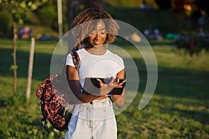 Online communication, education or work concept. Pretty African American lady with tablet computer at park