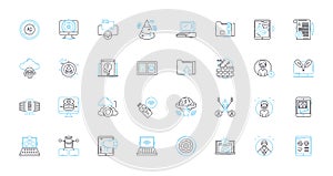 Online communication linear icons set. Instantaneous, Efficient, Streamlined, Accurate, Dynamic, Flexible, Secure line