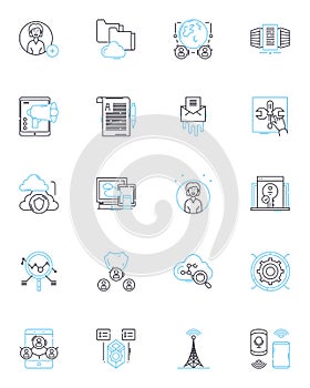 Online communication linear icons set. Instantaneous, Efficient, Streamlined, Accurate, Dynamic, Flexible, Secure line