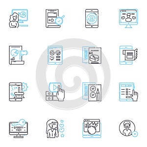 Online communication linear icons set. Messaging, Chatting, Emailing, Videoconferencing, Socializing, Nerking, Skyping