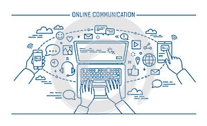 Online communication lineart banner. gadgets, information technology, communications, messaging, chat, media. Contour