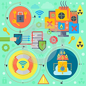 Online communication security, computer virus protection, cuber security infographics template icons in circles design